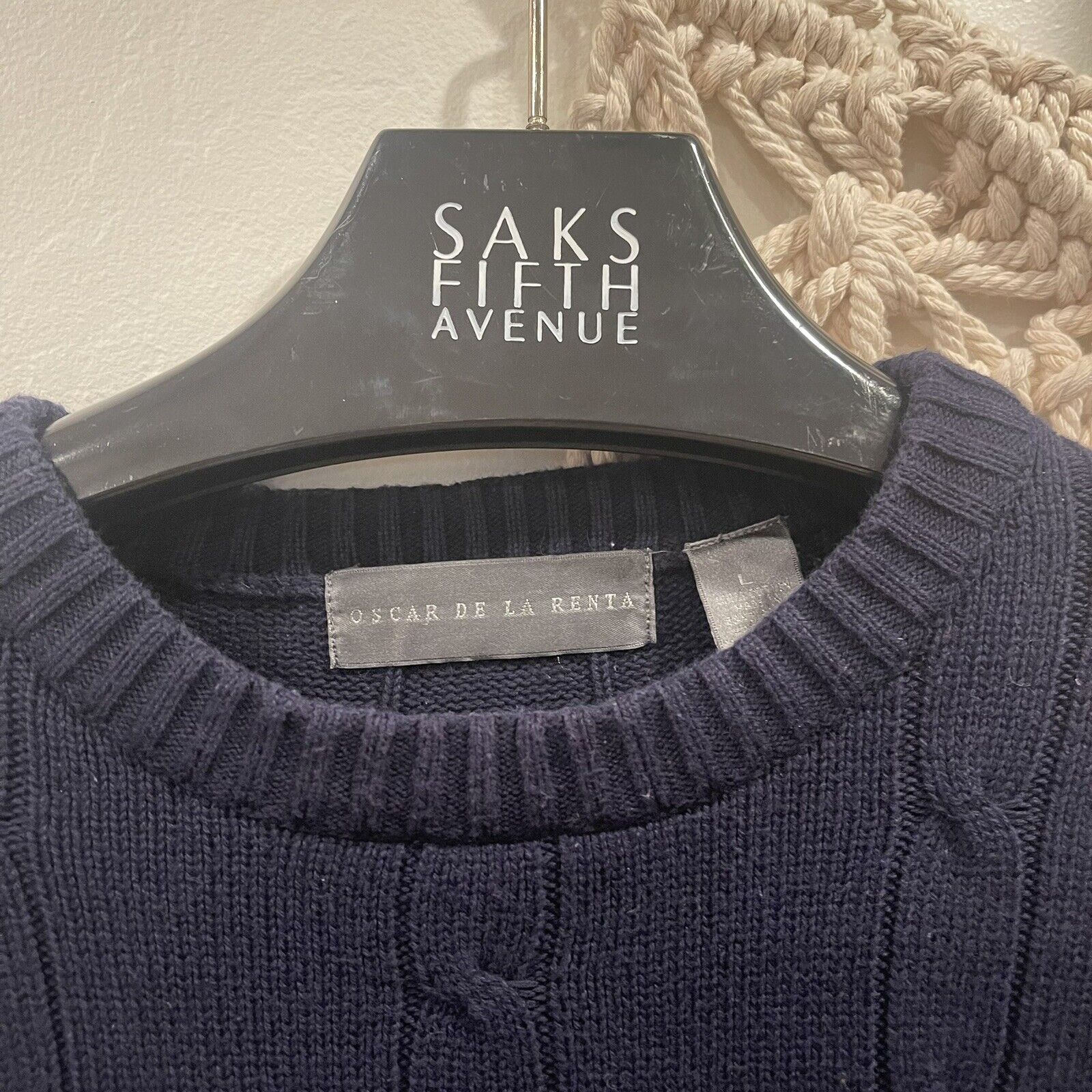 Oscar De La Renta Navy Cable Knit Sweater Shirt | Size Large - 100% Cotton