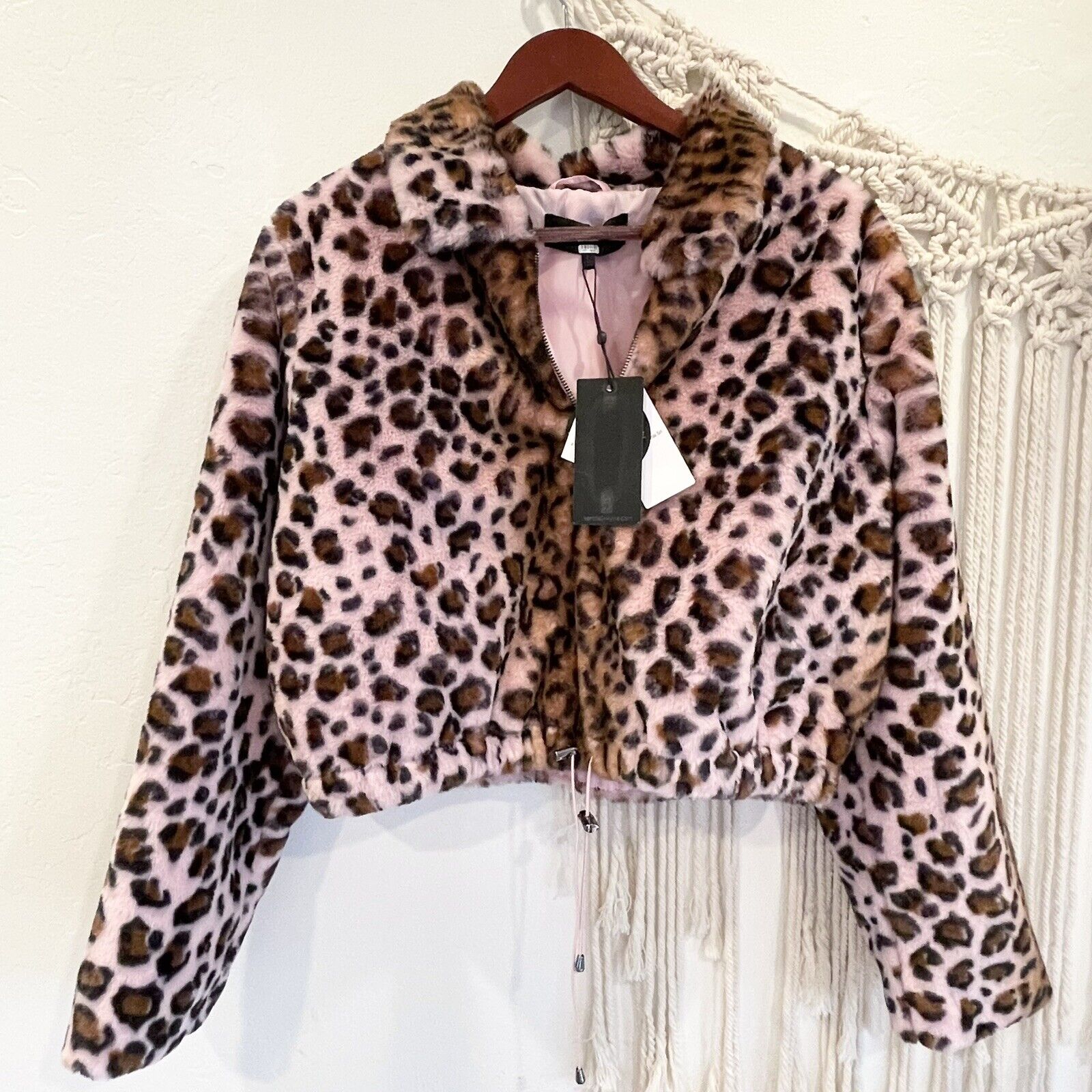 New KENDALL + KYLIE Faux Fur Boho Pink Leopard Animal Print Jacket Coat - Large