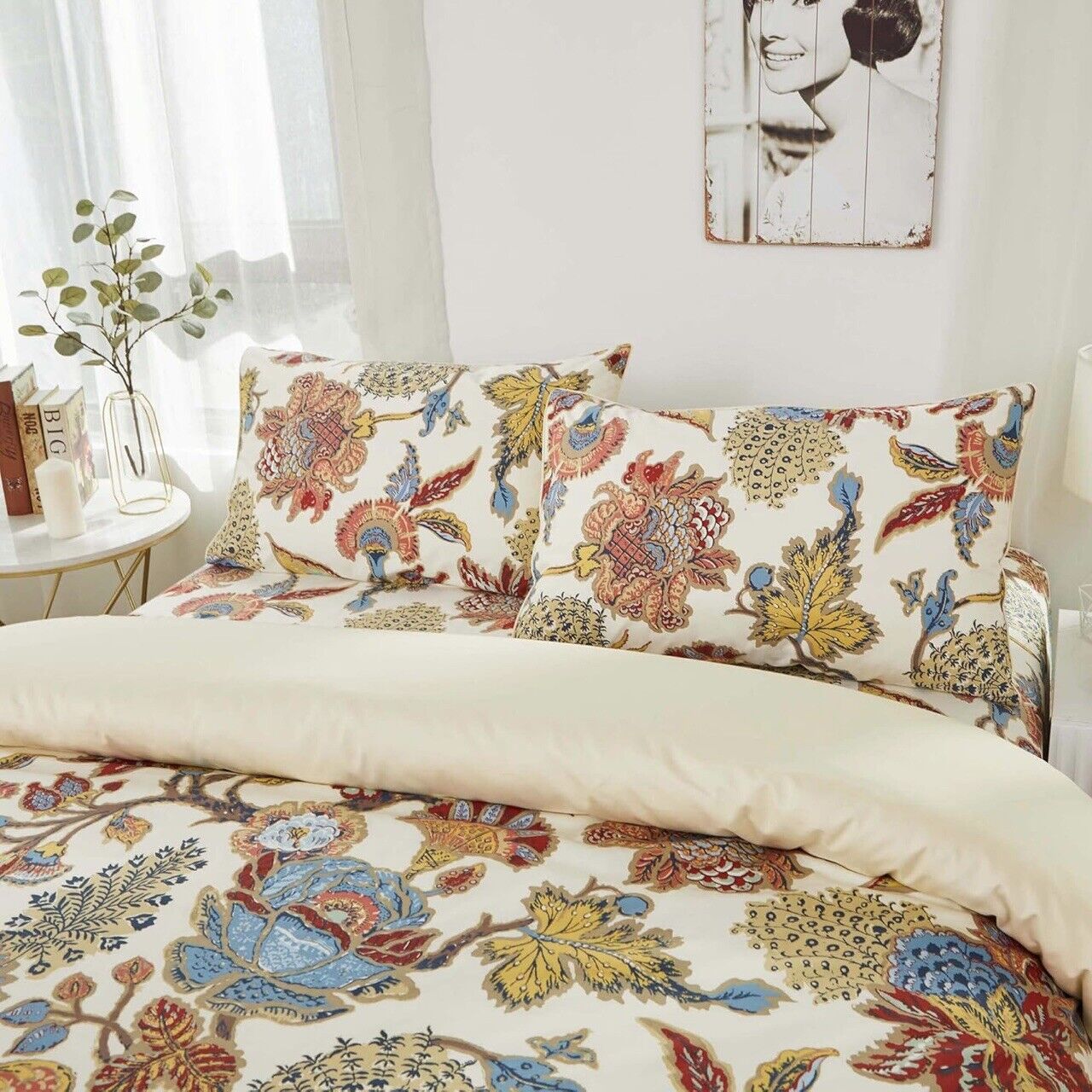 NEW Anthropologie Cream Boho Queen Size Floral Bedding Duvet Sheet Sham Set