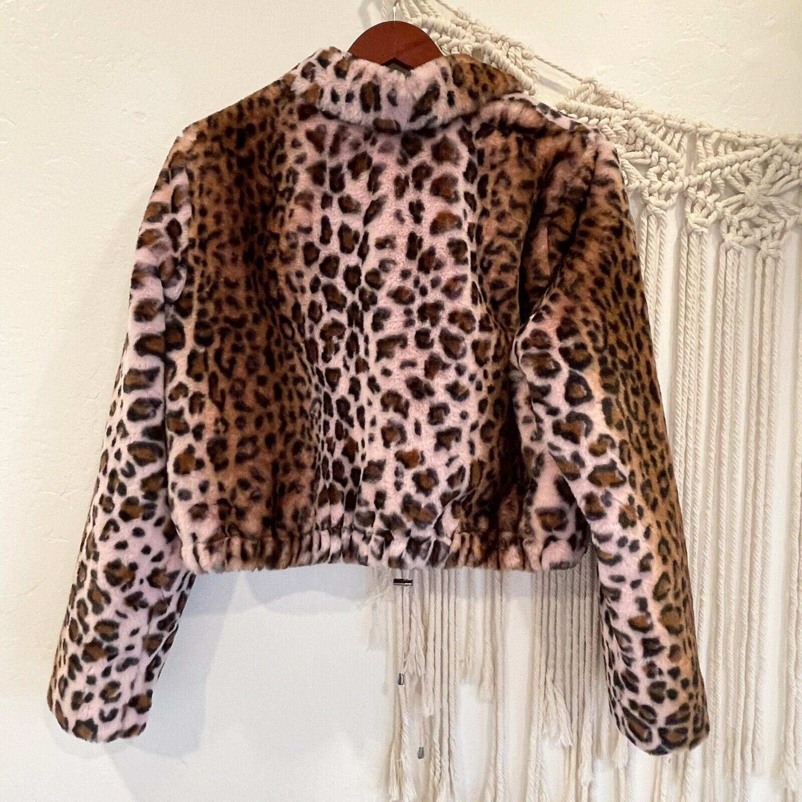 New KENDALL + KYLIE Faux Fur Boho Pink Leopard Animal Print Jacket Coat - Large