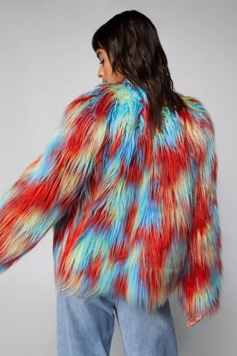 NEW Nasty Gal Rainbow Multicolor Faux Fur Hippie Jacket Coat Sweater Large / 10