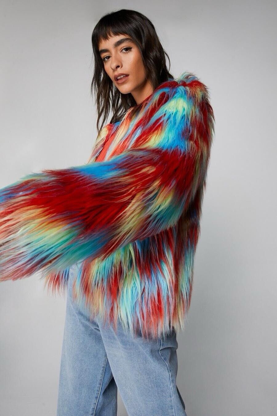 NEW Nasty Gal Rainbow Multicolor Faux Fur Hippie Jacket Coat Sweater Large / 10