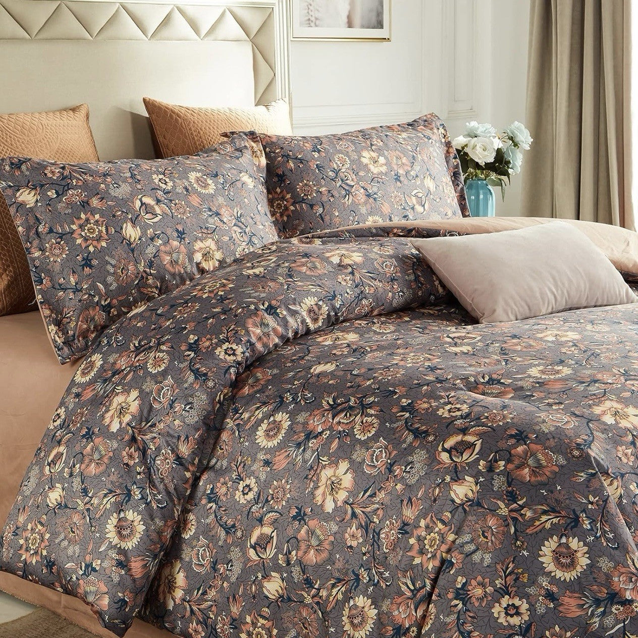 NEW Anthropologie Purple Silky Floral Boho Queen Size Comforter Bedding Sham Set