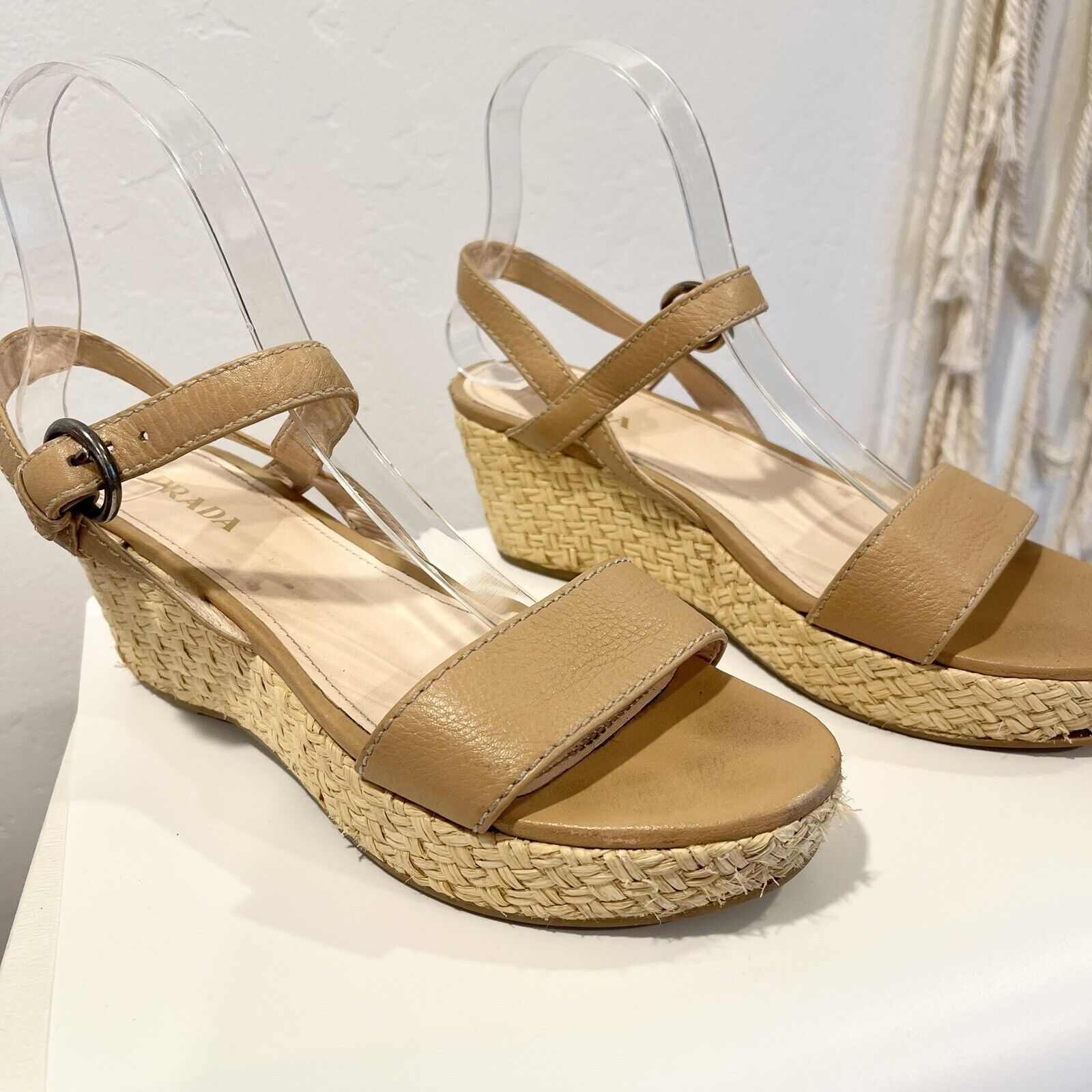 Prada Nude Leather Platform Espadrille Sandals Shoes Wedges | Size 39 / 8.5