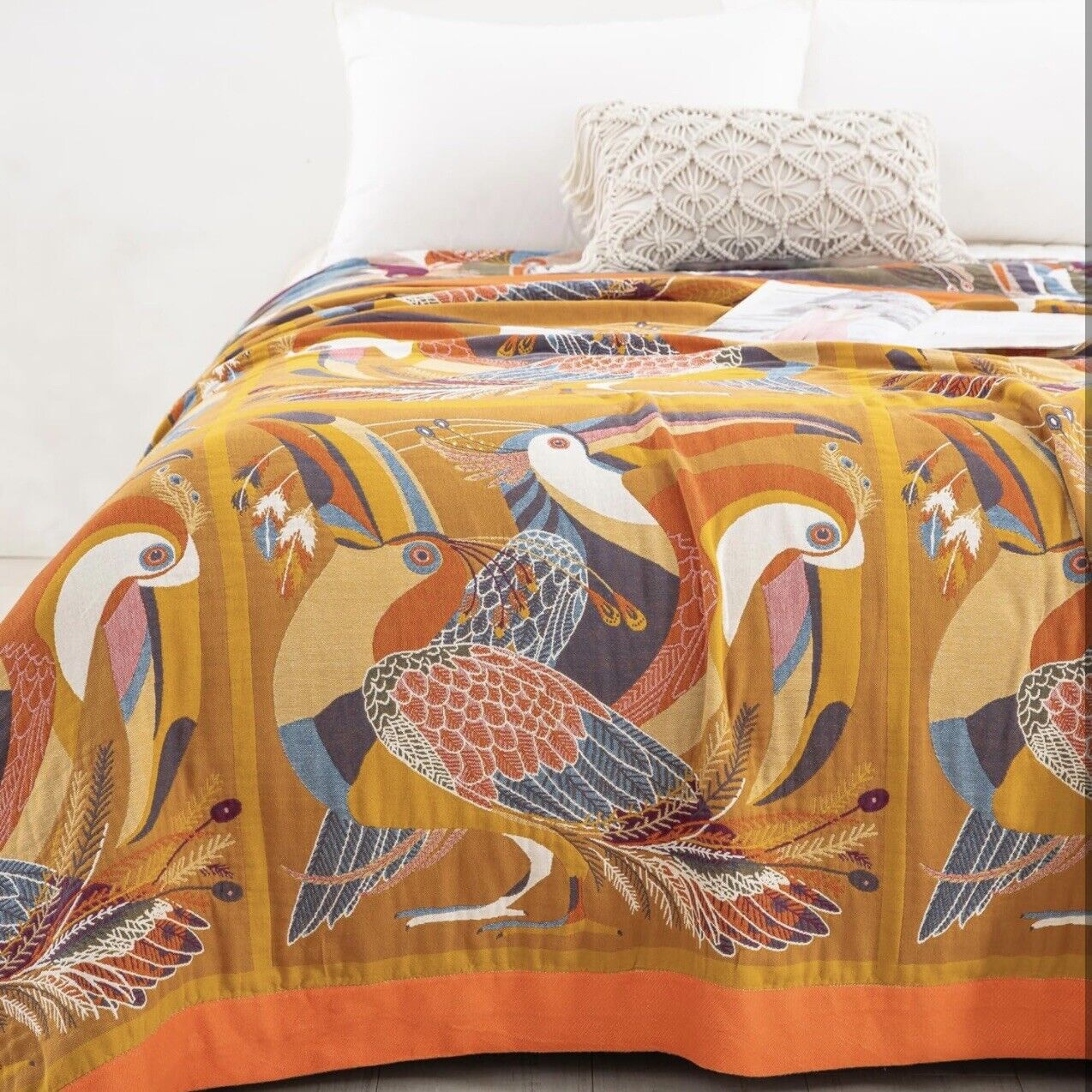 NEW XL Anthropologie Boho Bird Orange Throw Blanket Bedspread Quilt - 80" x 90"