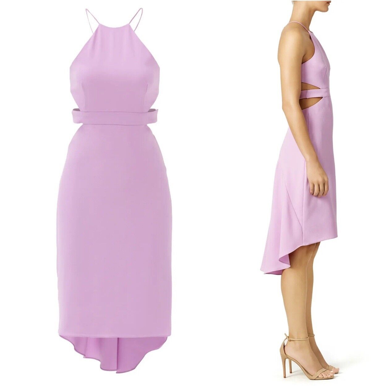 Halston Designer Lilac Purple Crepe Halter Cutout Cocktail Dress - Large / 10