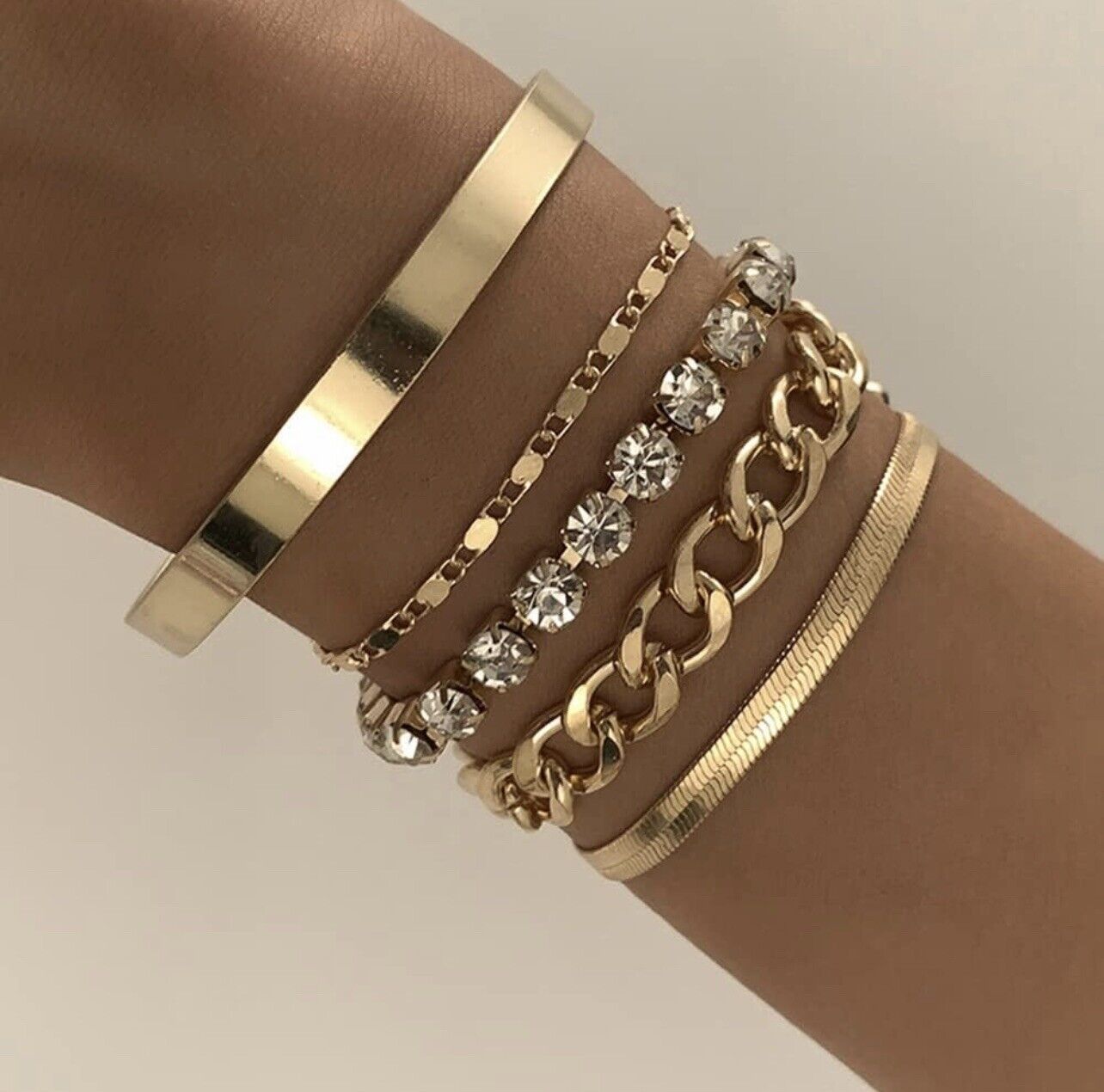 New Anthropologie Five-piece Gold Plated Bangle Stacking Rhinestone Bracelet Set