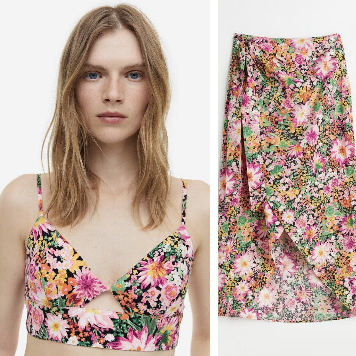 NEW Anthropologie Boho Floral Stretch Crop Top & Midi Wrap Skirt Set Size Medium