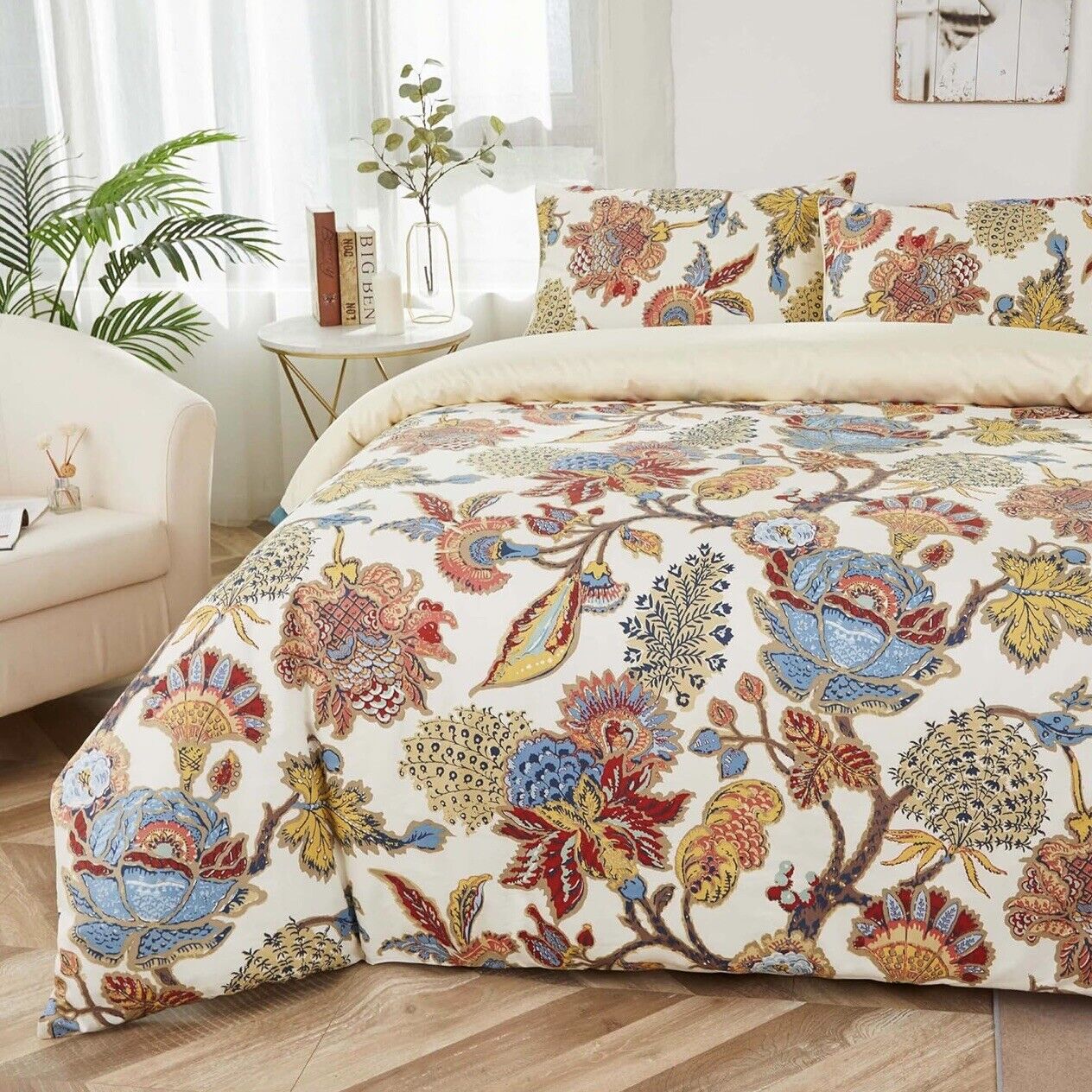 NEW Anthropologie Cream Boho King Size Floral Bedding Duvet Sheet Sham Set