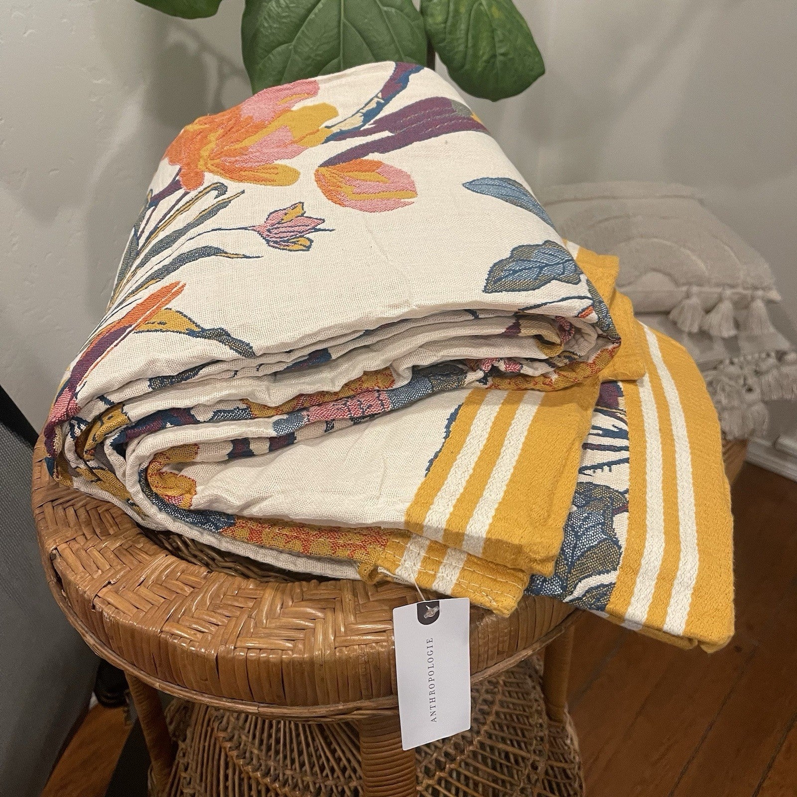 NEW Anthro XL Boho Bird Orange Floral Throw Blanket Bedspread Quilt 80" x 90"