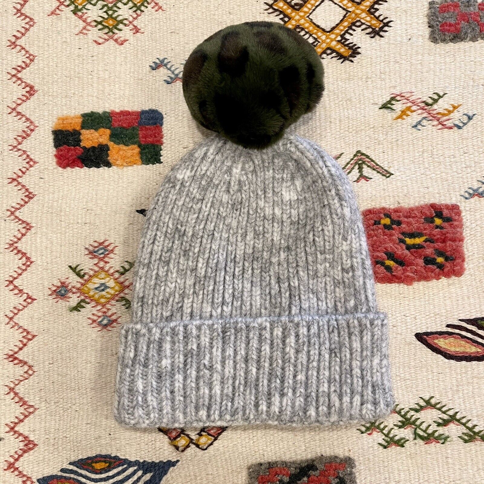 New Anthropologie Grey Wool Knit Winter Beanie Hat with Removable Green Pom Pom