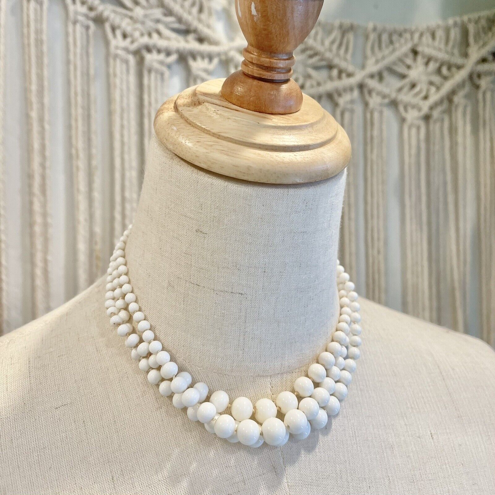 Vintage White Glass Ceramic Round Beaded Layered Necklace Jewelry Retro Antique