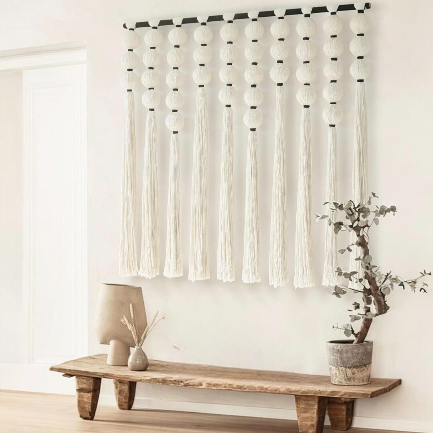 NEW Anthropologie XL Boho White & Black Tassel Tapestry Woven Wall Hanging - 40"