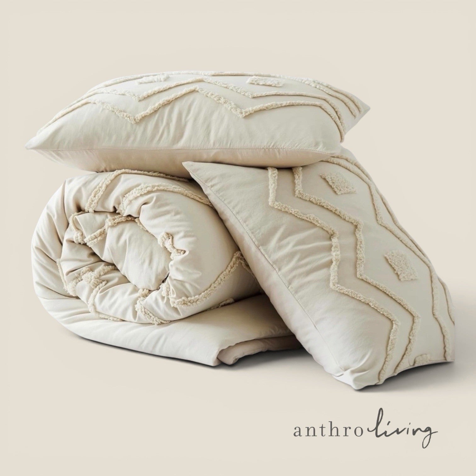 NEW Anthropologie Cream Boho Queen Tassel Comforter Blanket Bedding & Sham Set