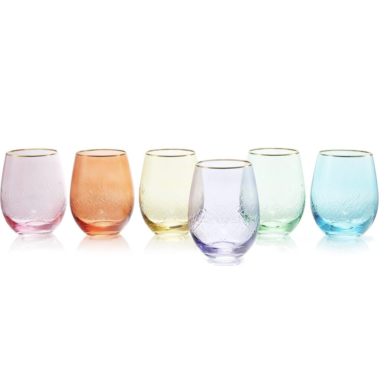 NEW Anthropologie Set / 6 Vintage Art Deco Etched Stemless Wine Glasses Barware