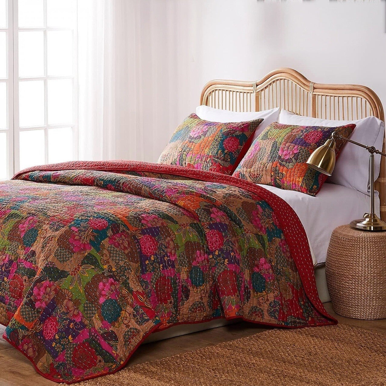 NEW Anthro Red Floral Boho King Quilt Stitch Bedspread Bedding Sham Set