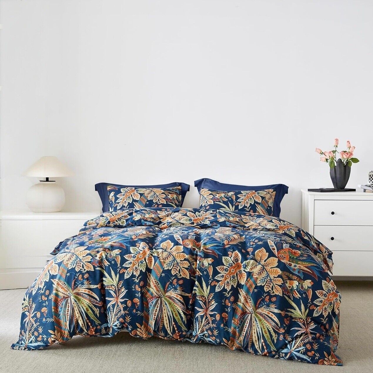 NEW Anthropologie Blue Floral Egyptian Cotton Boho Queen Bedding Duvet Sham Set