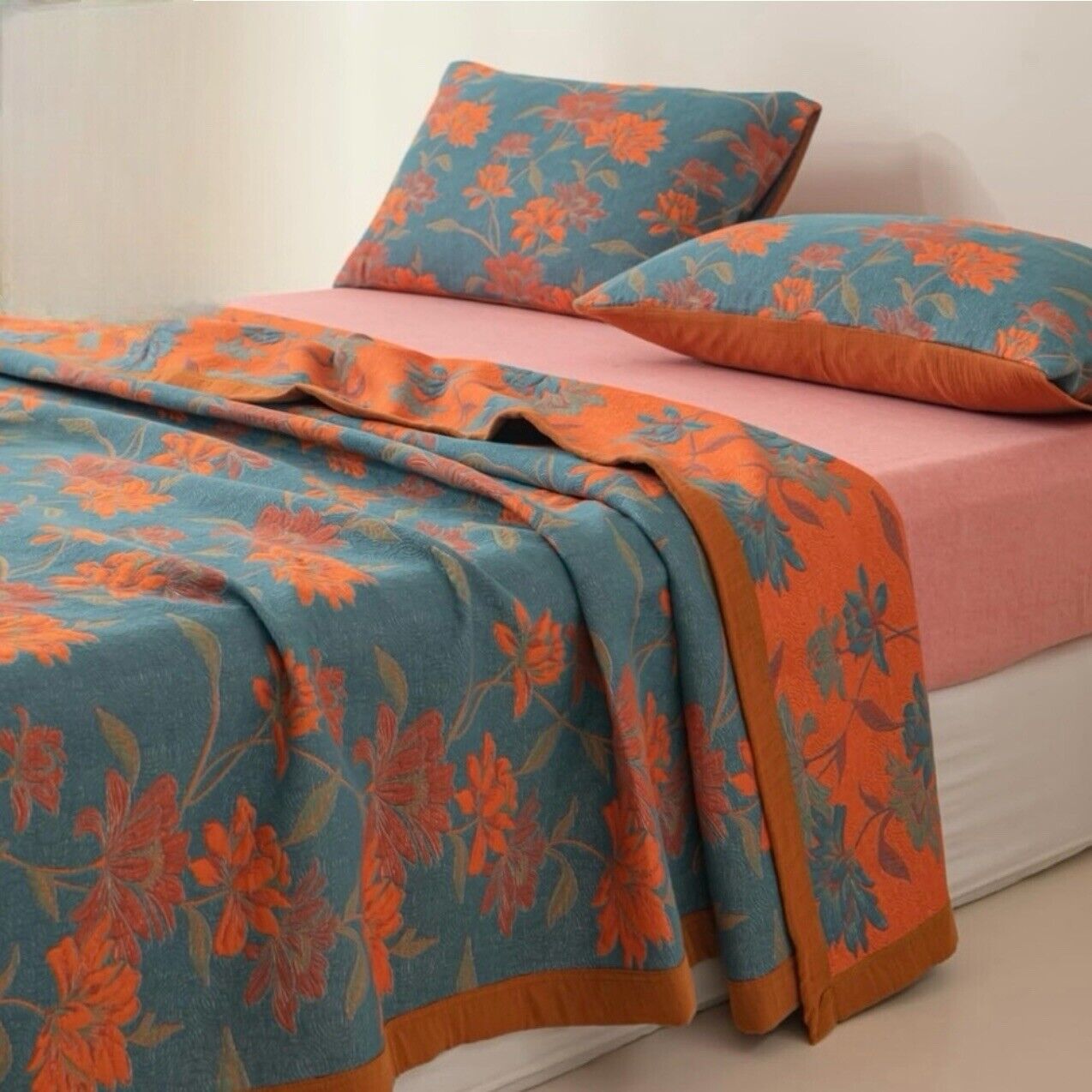 NEW Anthropologie Blue Orange Reversible King Size Bedspread Blanket Sham Set