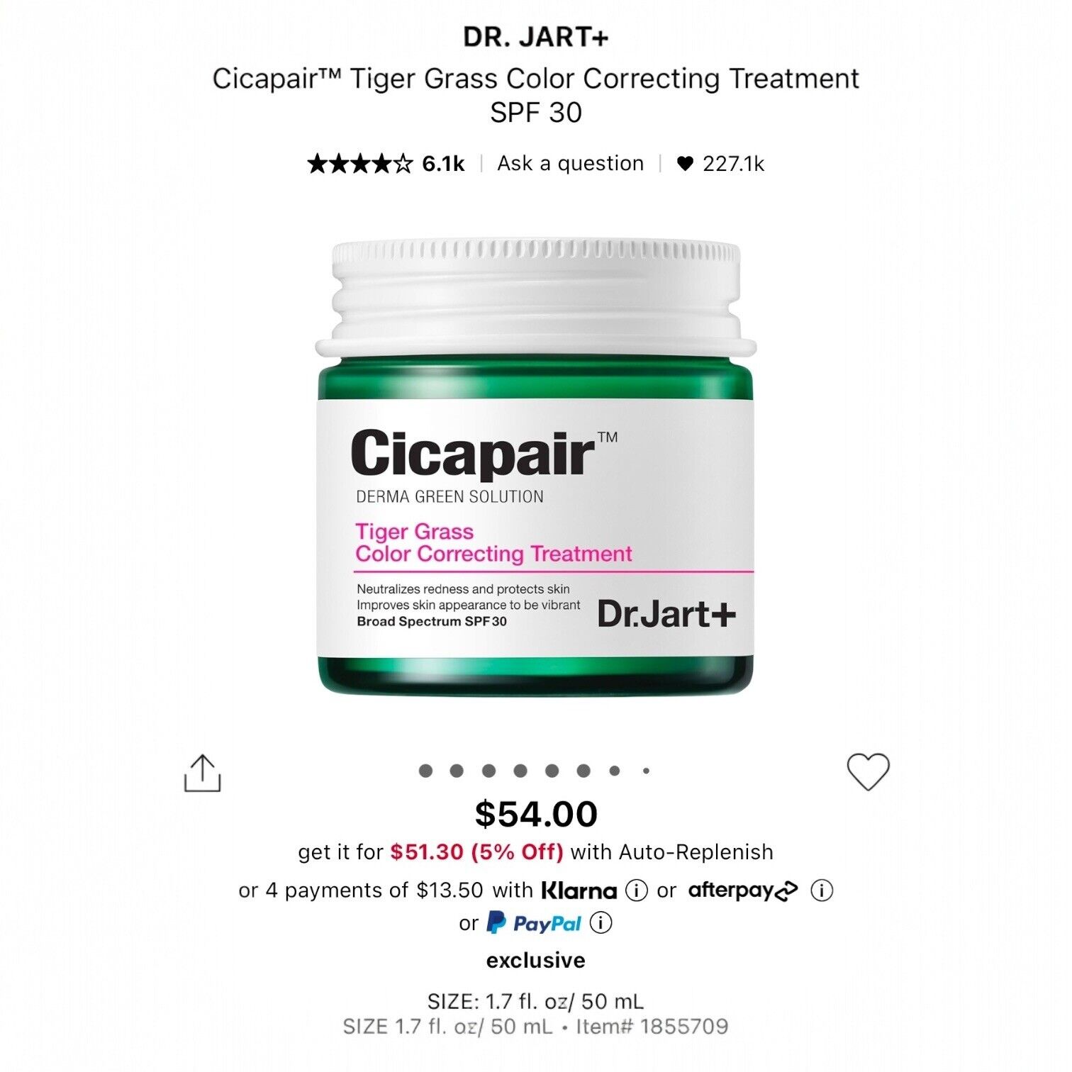 NEW DR. JART+ Cicapair Tiger Grass Green Color Correcting Treatment 1.7 oz 50 ml