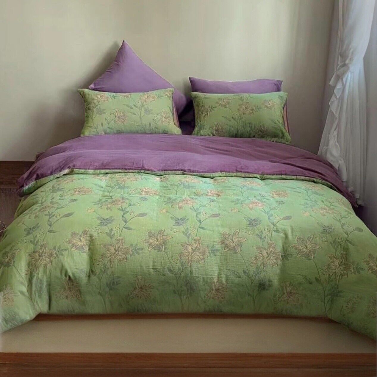 NEW Anthropologie Green Purple Floral Linen Boho Queen Bedding Duvet & Sham Set