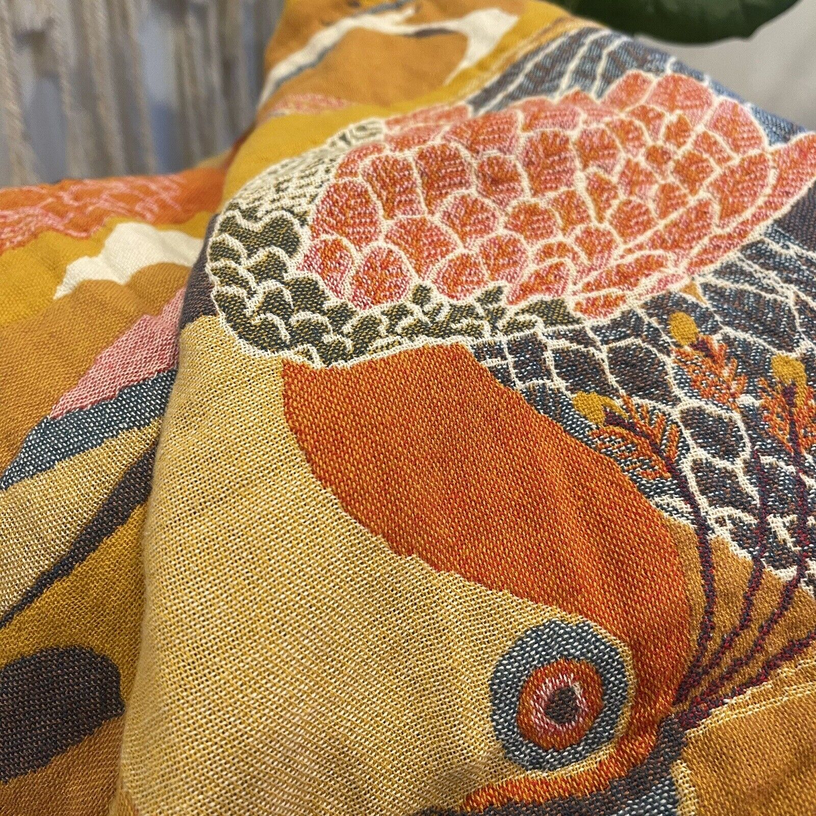 NEW XL Anthropologie Boho Bird Orange Throw Blanket Bedspread Quilt - 80" x 90"