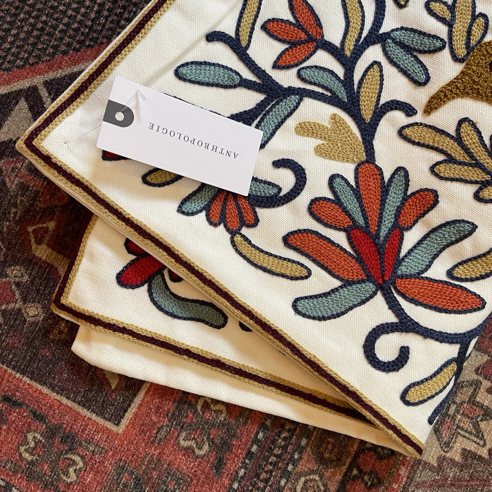 NEW Anthropologie Boho Floral Embroidered Throw Pillow Cover Case Sham 18 x 18