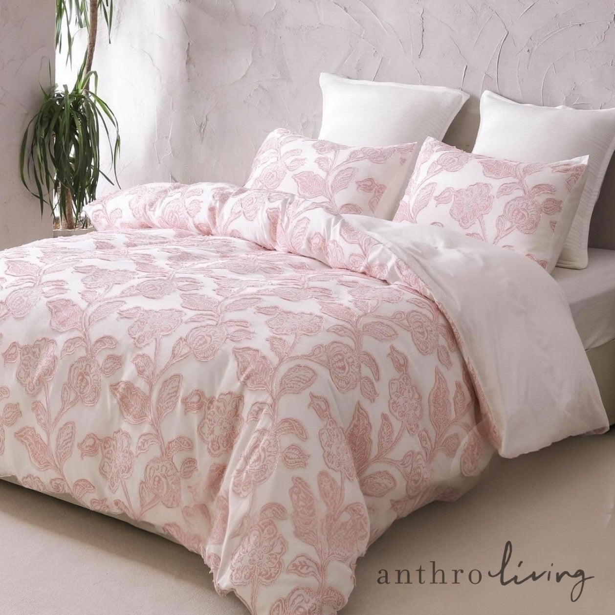 NEW Anthropologie Pink Embroidered Floral Jacquard Cotton Bedding Duvet Sham Set