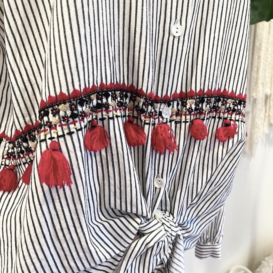 Free People / Derhy Boho Tassel Striped Button-up Blouse Shirt Top | Large / 10