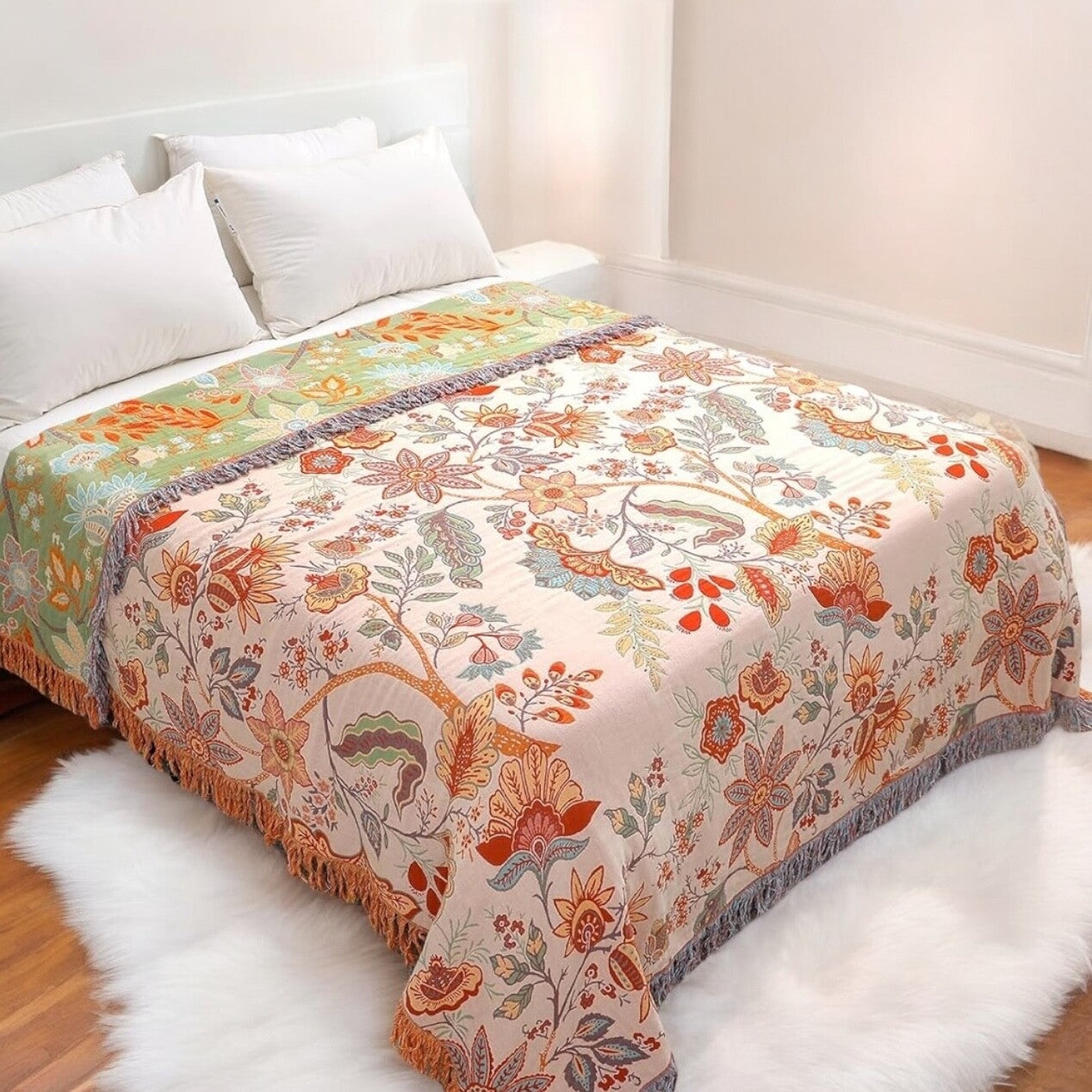 NEW Anthro XL Reversible Green Tassel Throw Blanket Bedspread Quilt - 80" x 90"