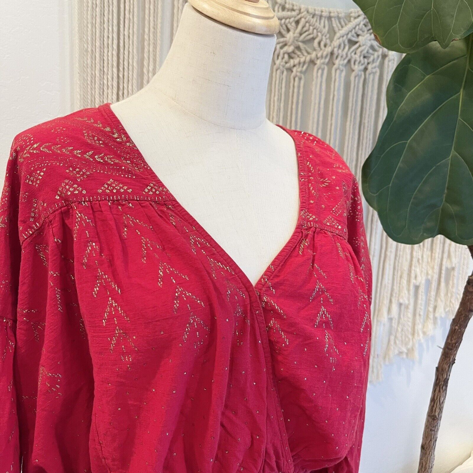 Free People Red Embroidered Print Boho Ruffle Blouse Shirt Top - Size Small