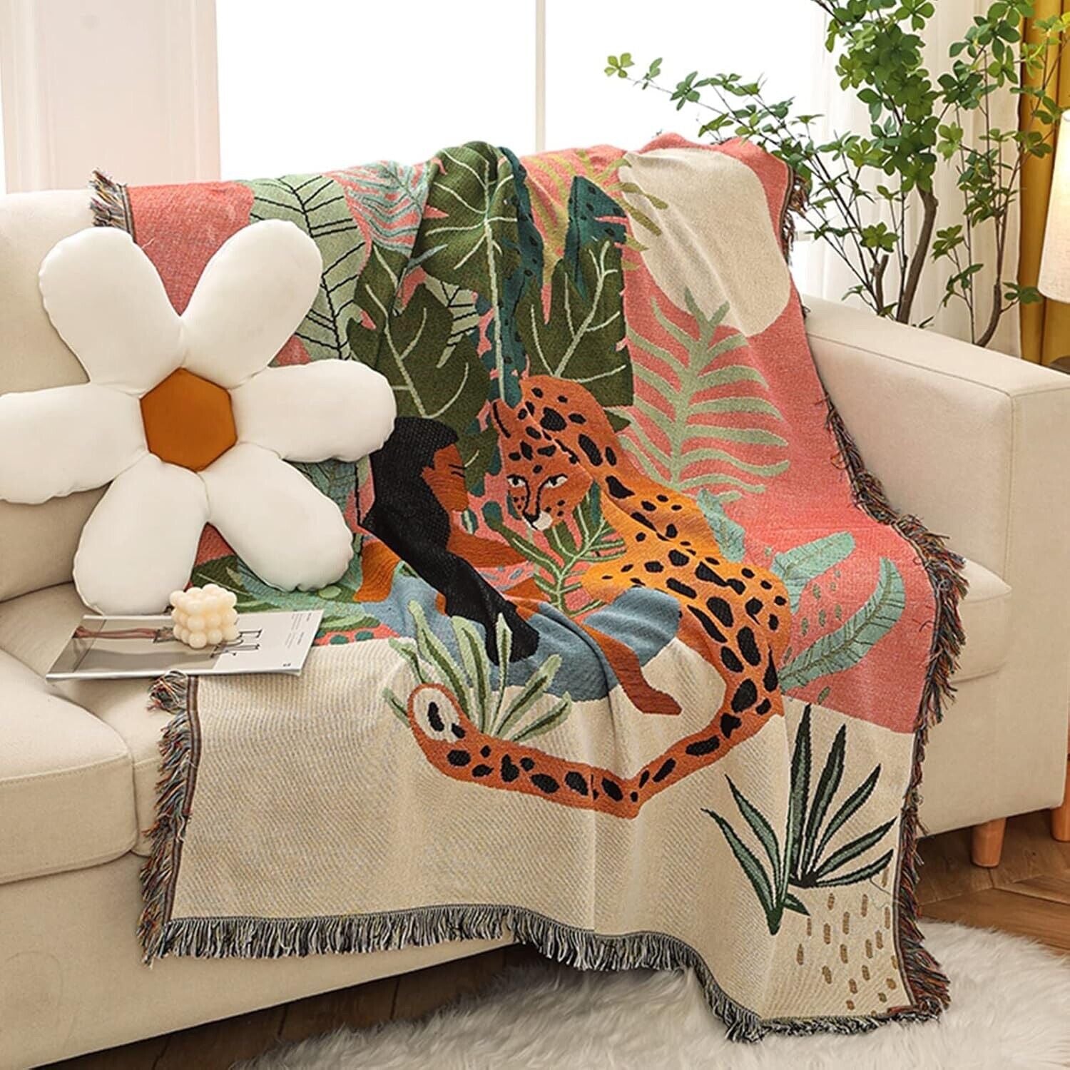 New Anthropologie Boho Jungle Tassel Throw Blanket Bedspread Quilt - 63" x 51"