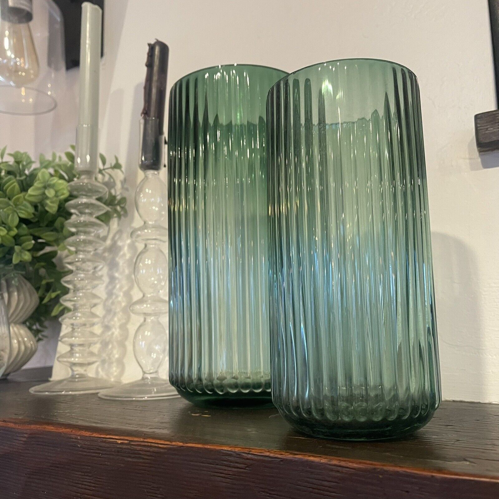 NEW West Elm Green Glass Large Boho Ribbed Cylinder Flower Vase Planter Decor