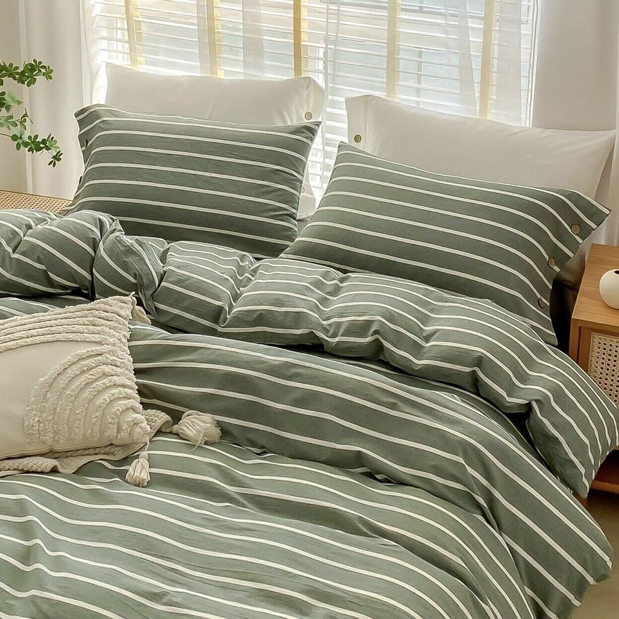 NEW West Elm Boho Green Stripe King Size Cotton Linen Bedding Duvet Sham Set