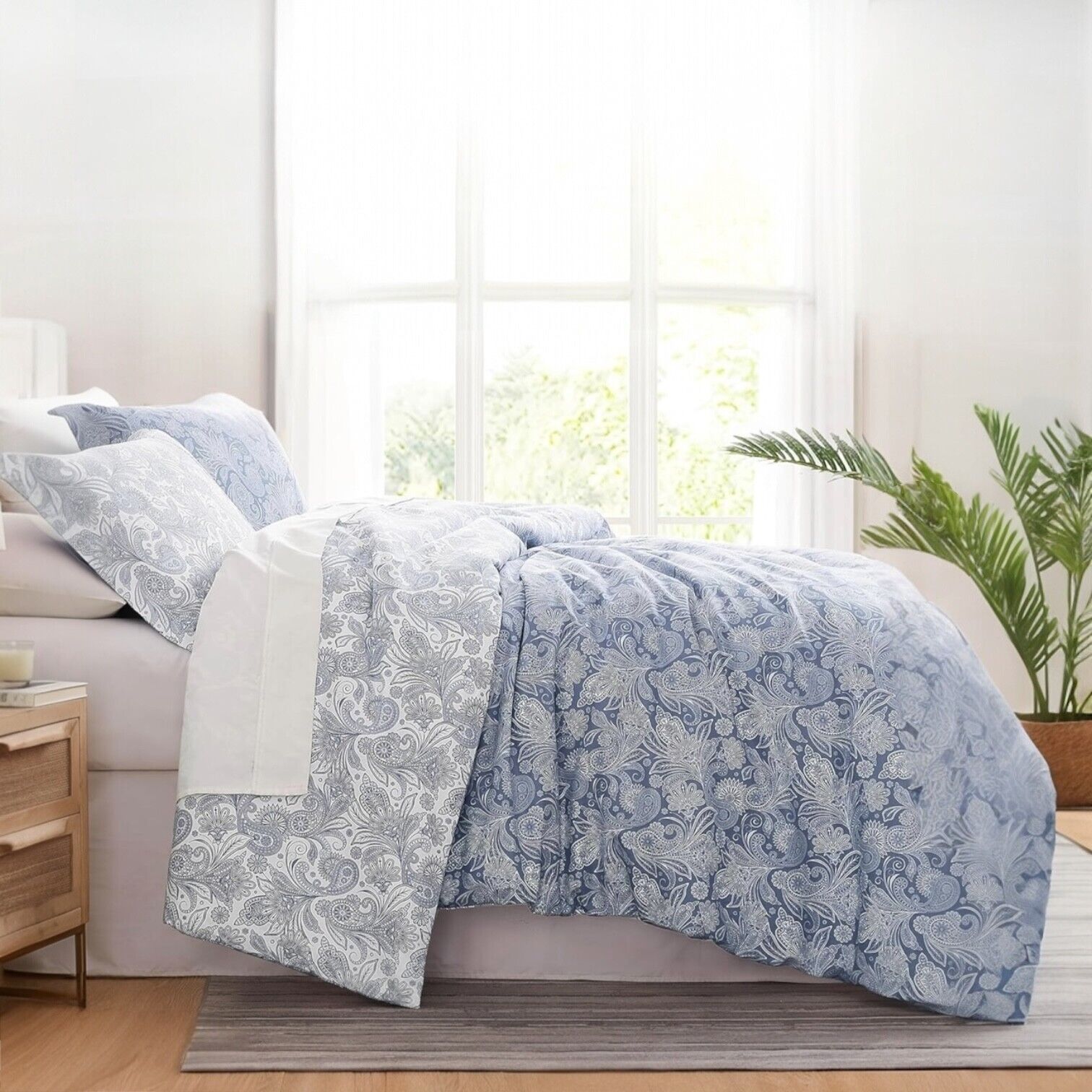 NEW West Elm Blue Paisley Reversible Print Bedding Duvet & Sham Case King Queen