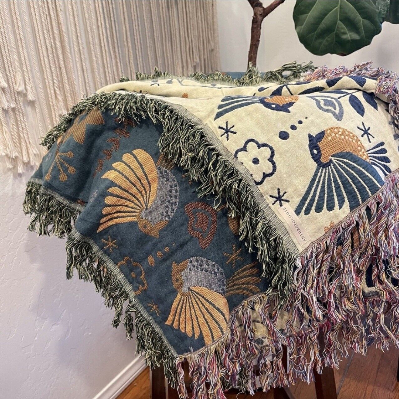 New Anthropologie Boho Bird Tassel Throw Blanket Bedspread Quilt - 80" x 60"