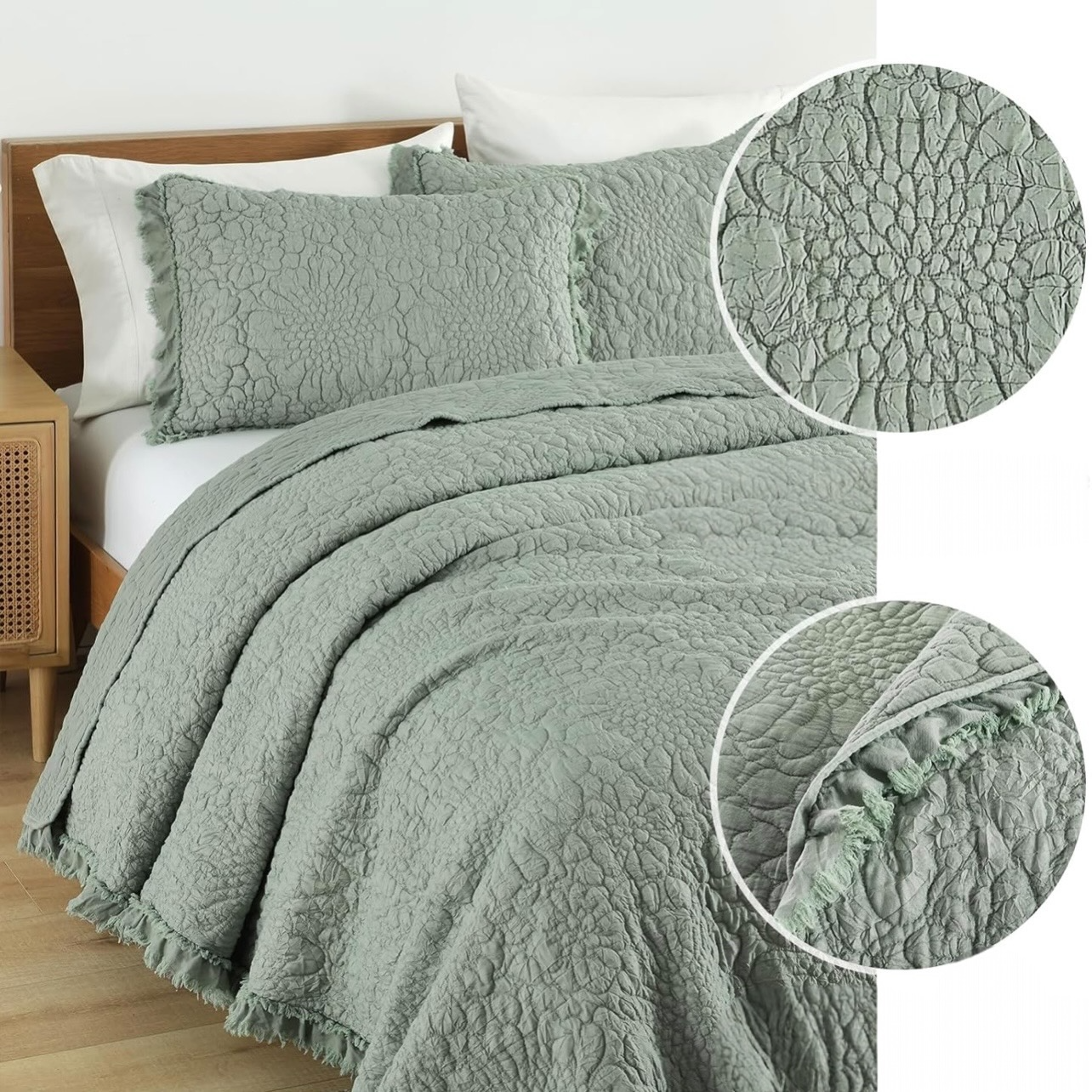 NEW Anthro Sage Green Boho Ruffle Crinkle Queen / King Bedding Quilt & Sham Set
