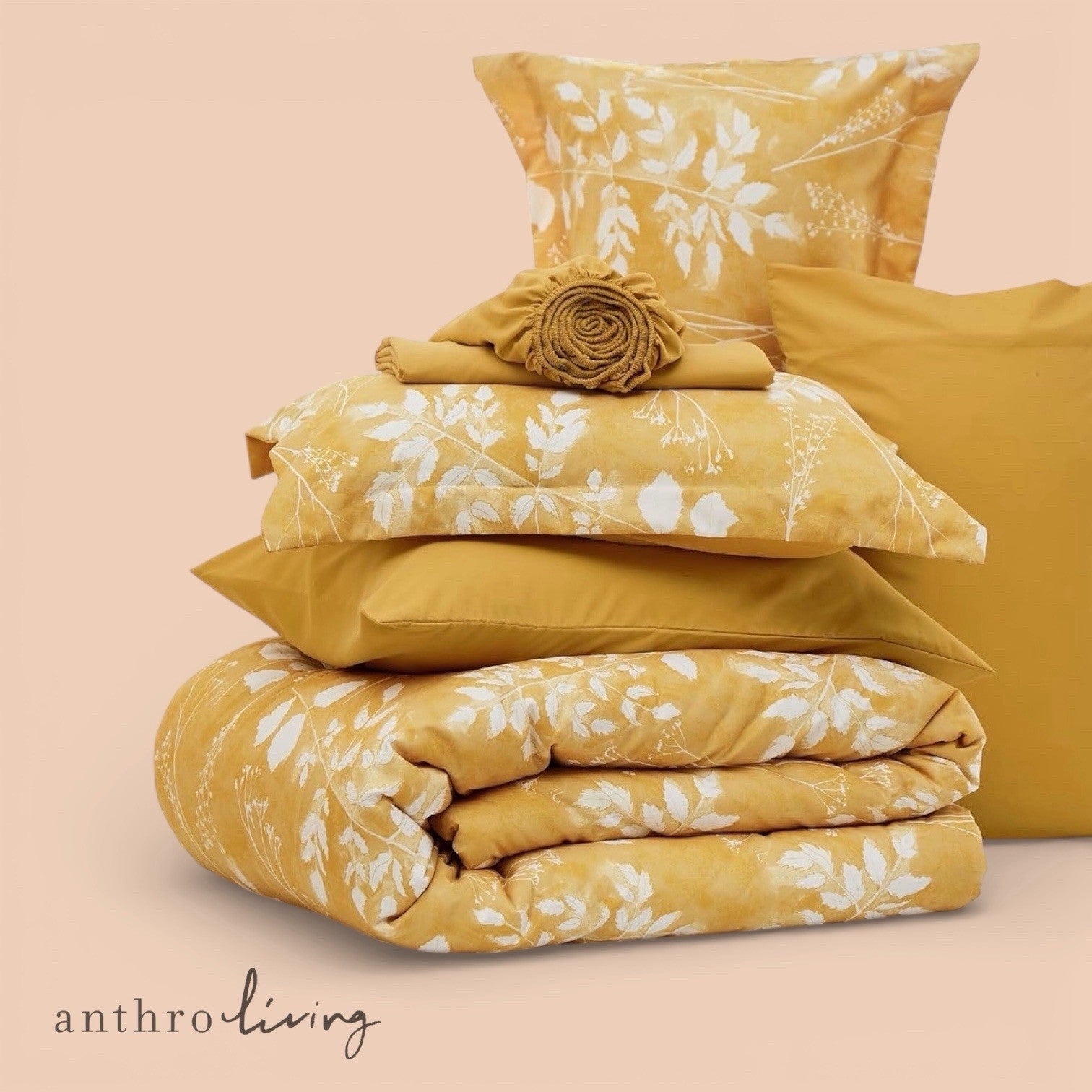 NEW Anthro 7 Piece Yellow Floral Boho Queen / King Bedding Comforter & Sham Set