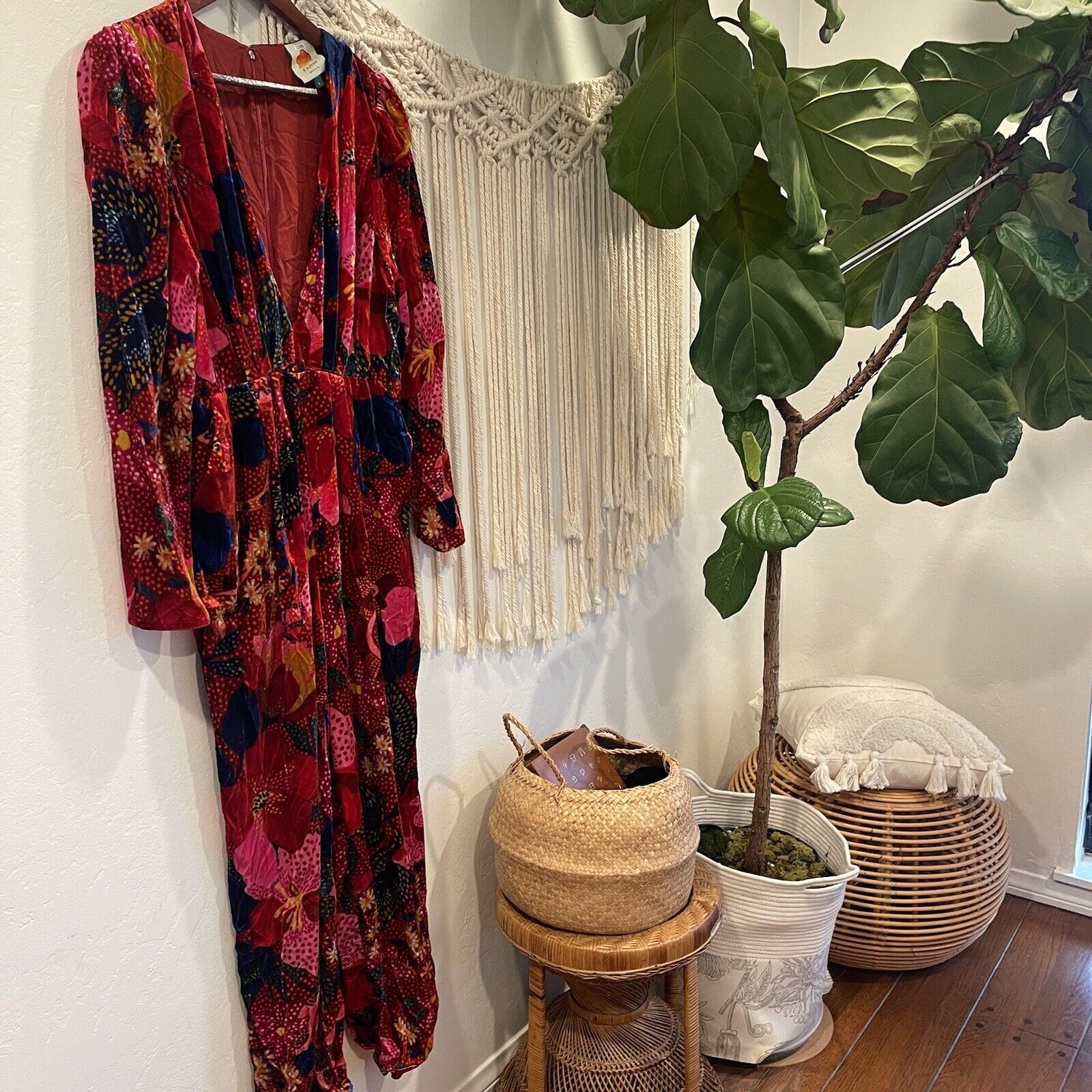 FARM Rio Velvet Red Floral Print Snake Garden Boho Jumpsuit - Size Large