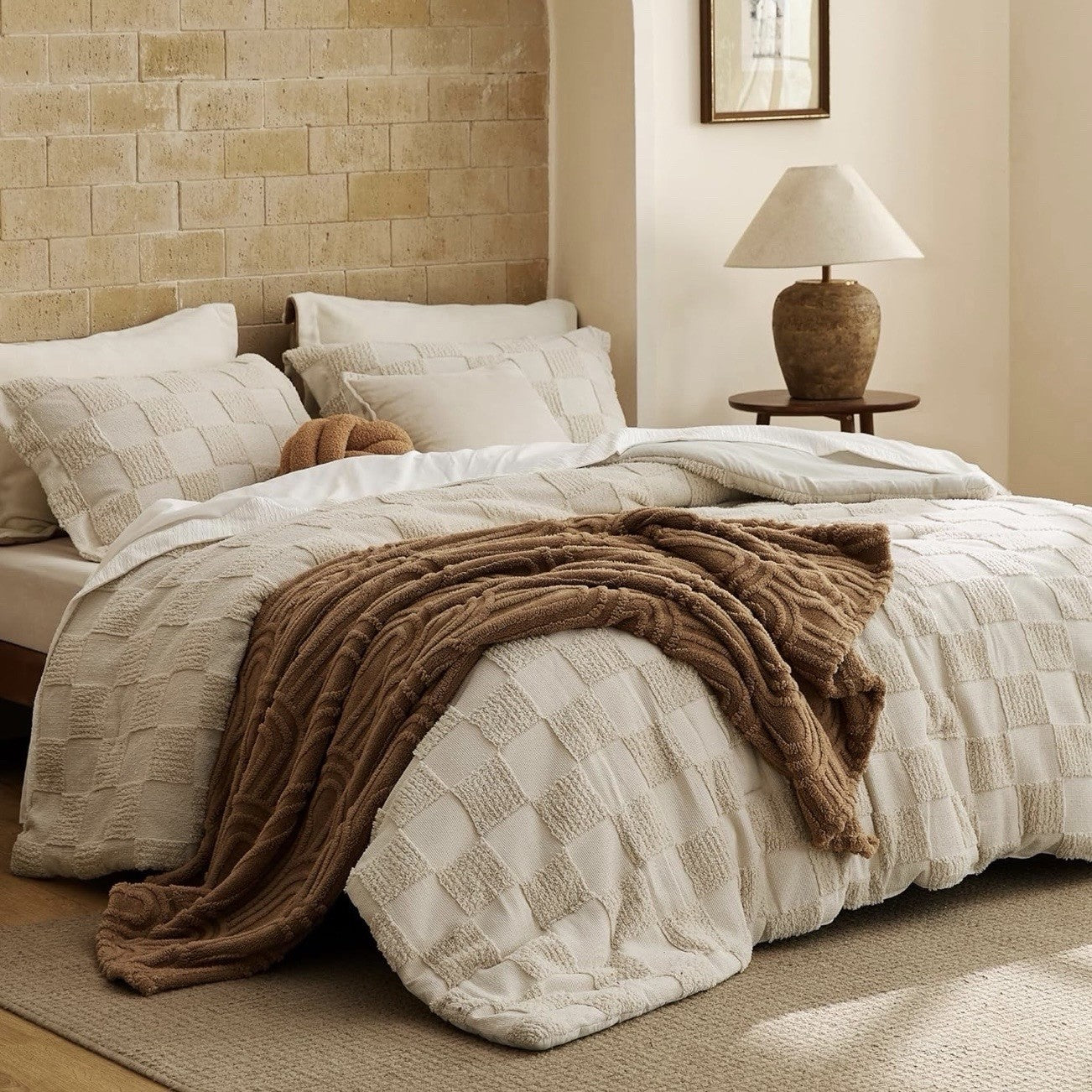 NEW West Elm Beige Checkered Tufted Queen / King Bedding Comforter & Sham Set