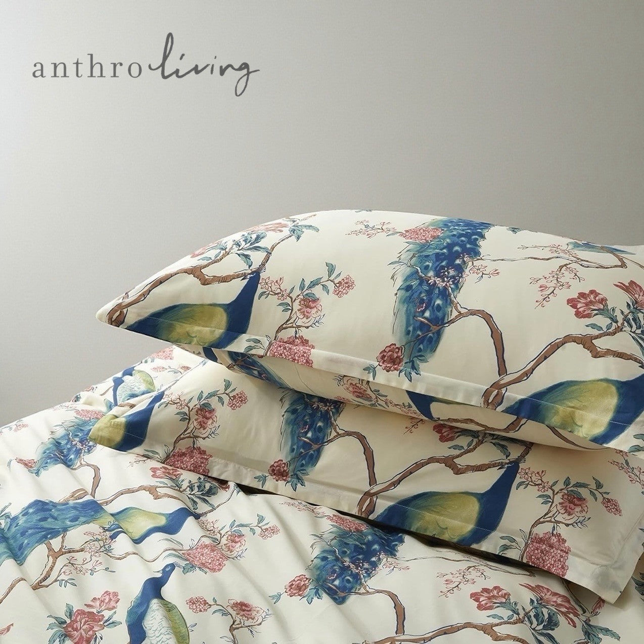 NEW Anthropologie Peacock Print Cotton Boho King Floral Bedding Duvet & Sham Set