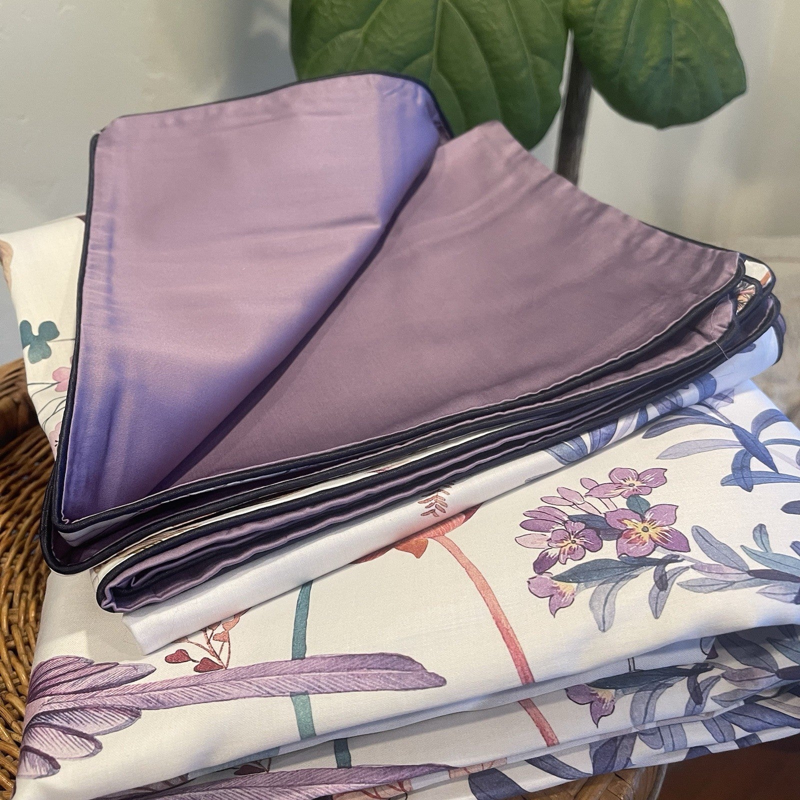NEW Anthro Purple Floral Bird Boho Cotton Queen / King Bedding Duvet & Sham Set