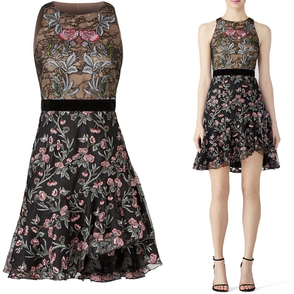 Monique Lhuillier Sheer Black Floral Rose Embroidered Lace Dress - Large / 12