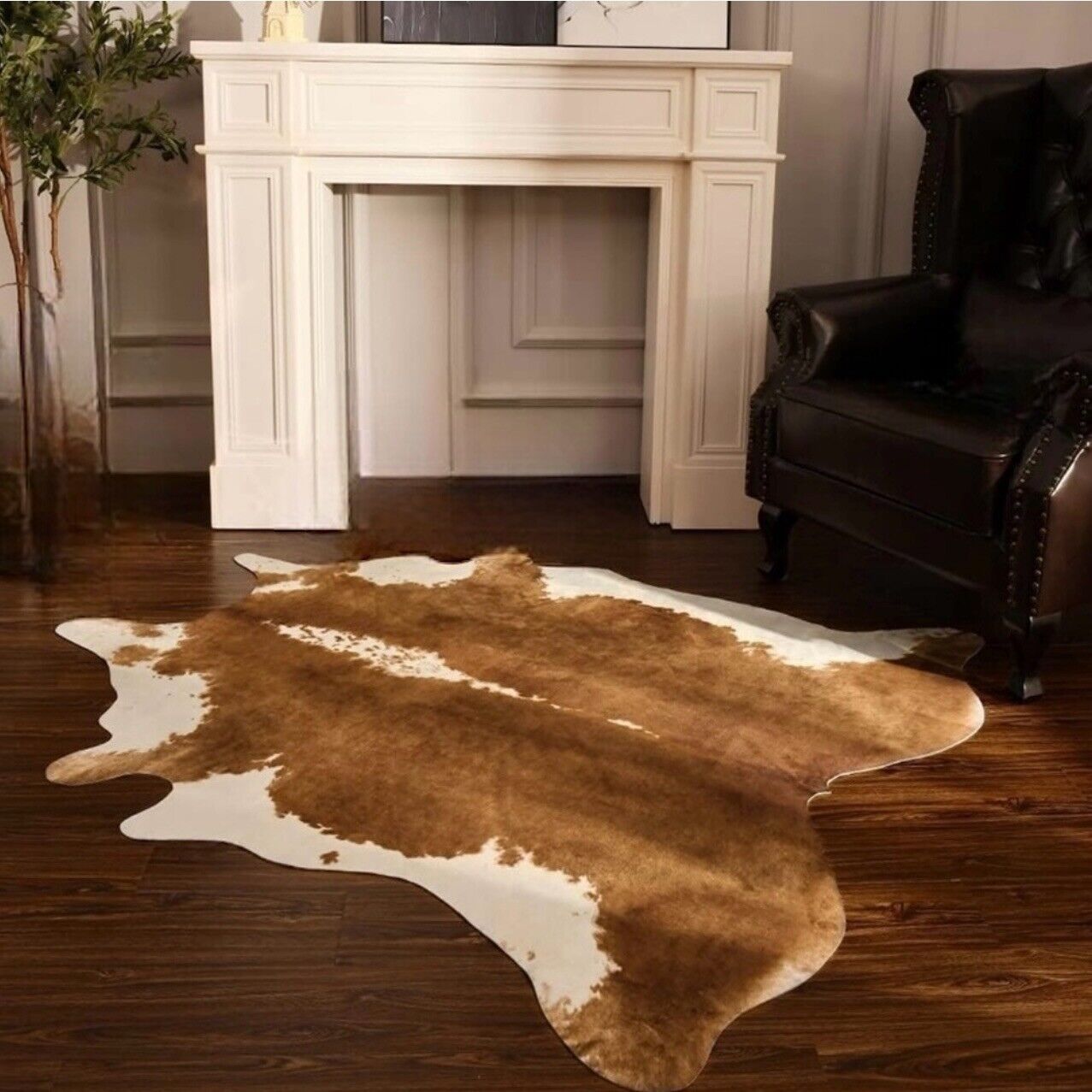 NEW West Elm XL Faux Cowhide Fur Leather White Area Rug Boho Floor - 6’ x 5’