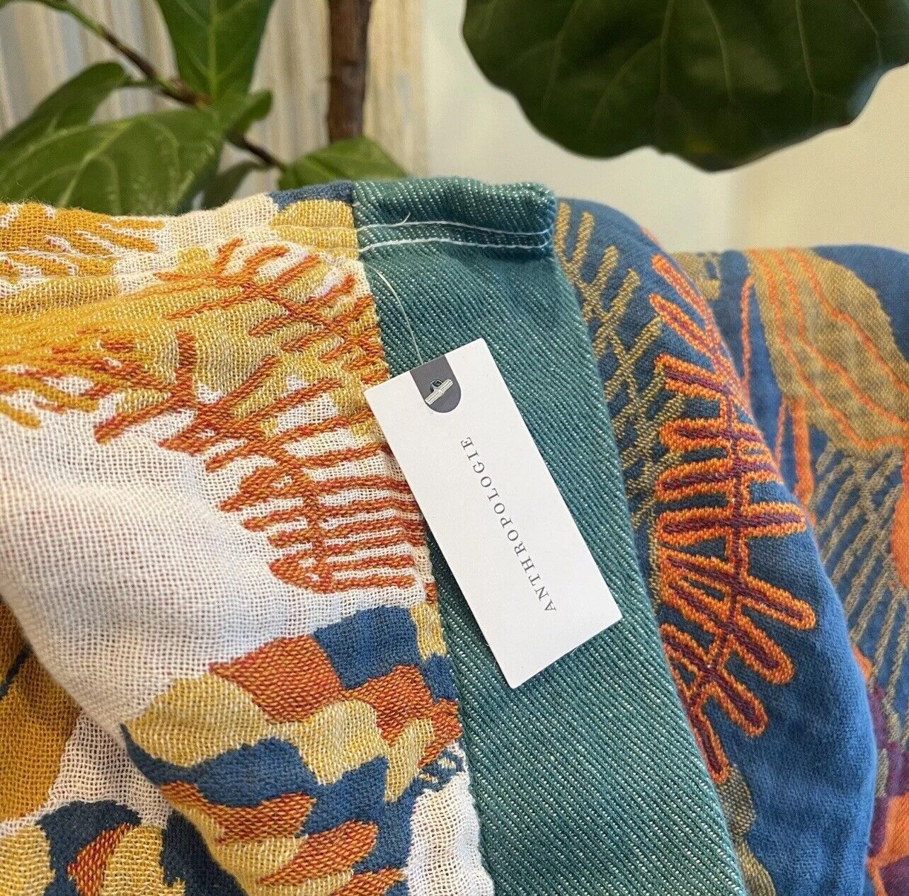 NEW Anthropologie Boho Bird Orange Blue Throw Blanket Bedspread Quilt 80" x 90"