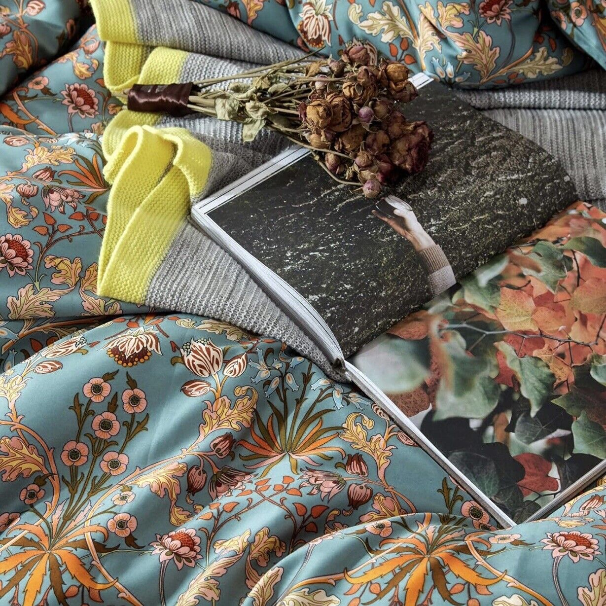 NEW Anthropologie Blue Orange Boho Queen Size Bedding Duvet Floral Sham Case Set