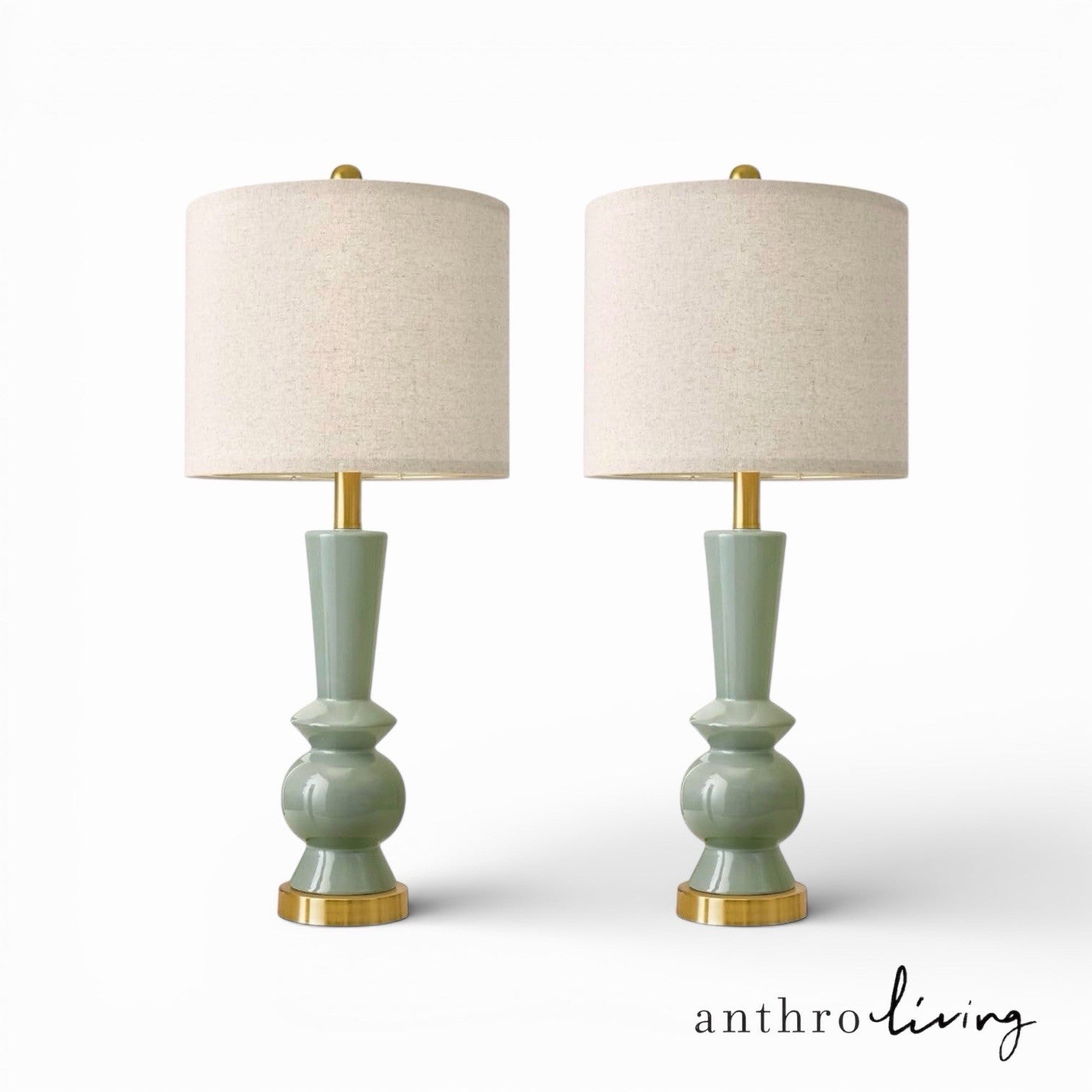 NEW Anthropologie Set of 2 Sage Green Gold Ceramic Boho Table Lamps Lighting 27"