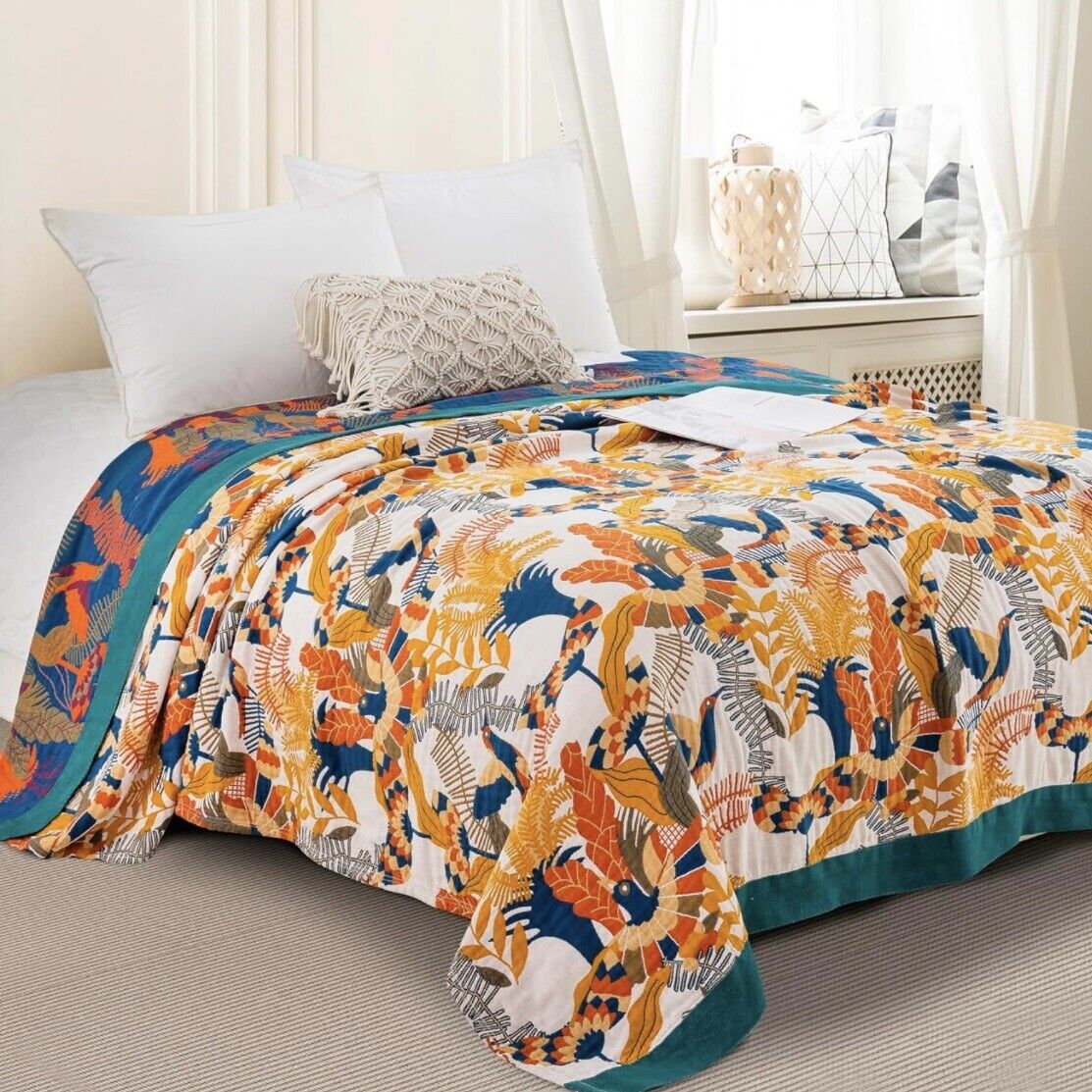 NEW Anthropologie Boho Bird Orange Blue Throw Blanket Bedspread Quilt 80" x 90"