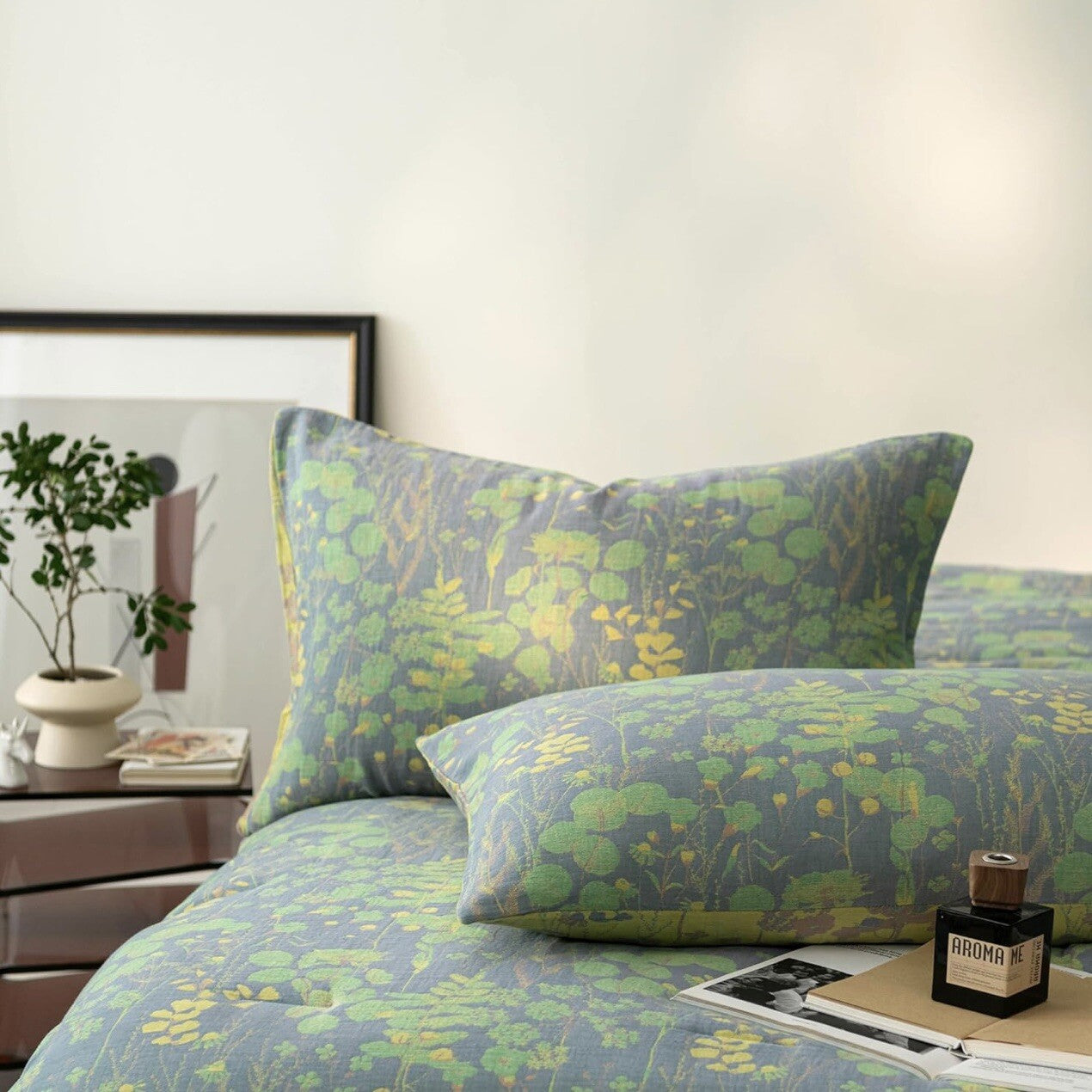 NEW Anthro Blue Green Floral Reversible King Size Bedspread Blanket Sham Set