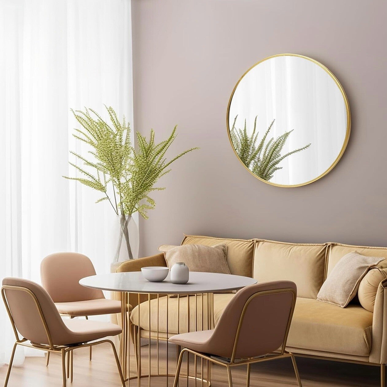 NEW West Elm Gold Circle Round Metal Framed Boho Wall Entry Mirror - 30" x 30"