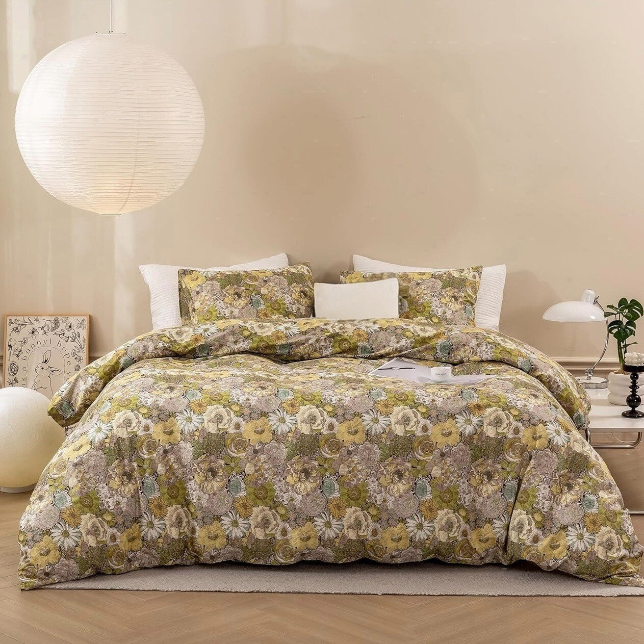 NEW Green & Yellow Floral Luxury Cotton Boho King Bedding Duvet & Sham Case Set